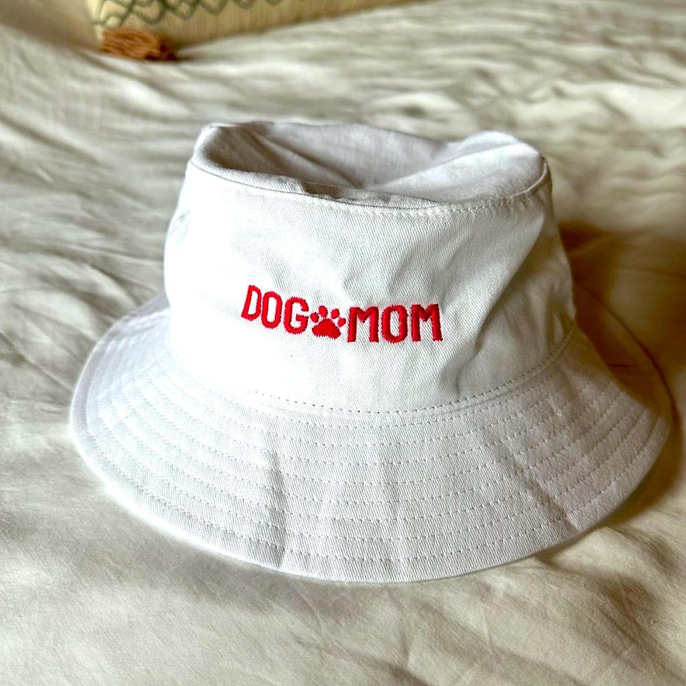 Dog Mom Bucket Hat - White with Pink Font